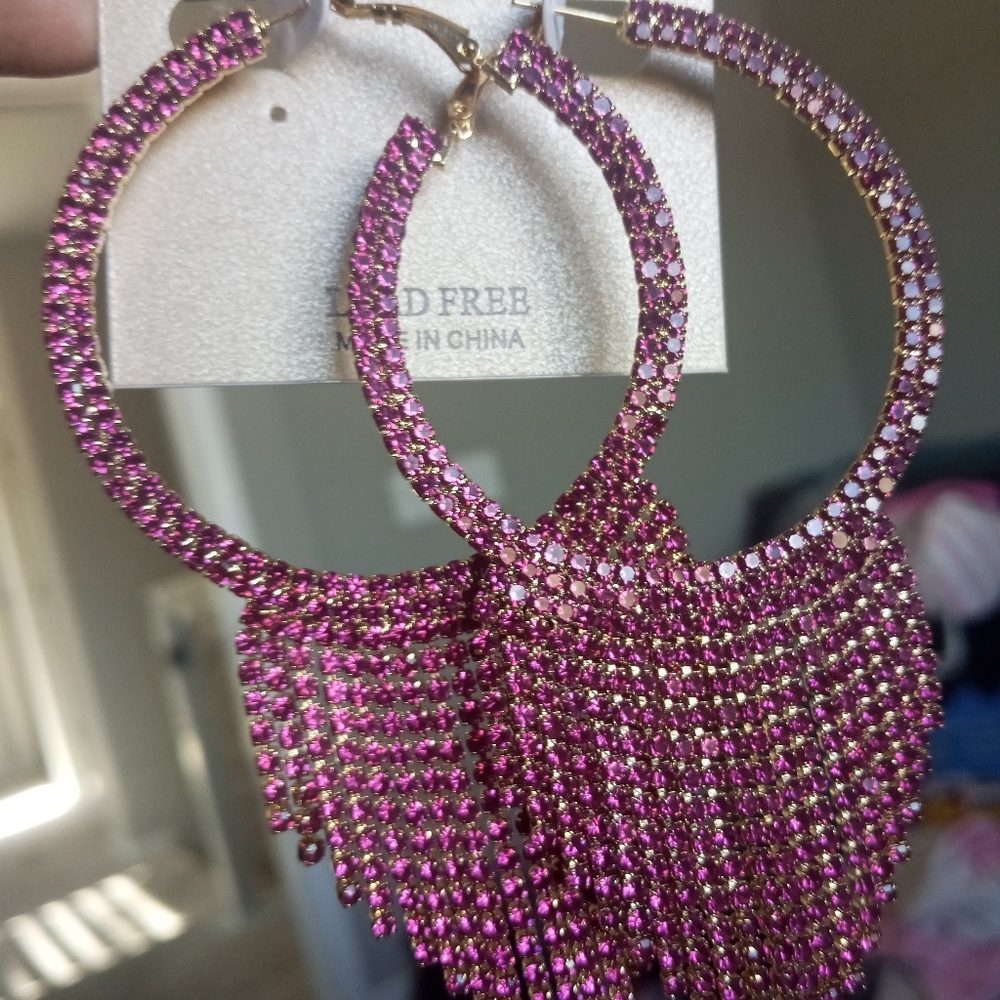 New Natasha Pink Large Hoop Fringe Earrings New!!